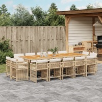  15 Piece Garden Dining Set with Cushions Beige Poly Rattan