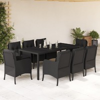  9 Piece Garden Dining Set with Cushions Black Poly Rattan