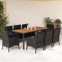  9 Piece Garden Dining Set with Cushions Black Poly Rattan
