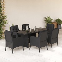  7 Piece Garden Dining Set with Cushions Black Poly Rattan