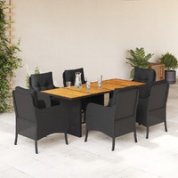  7 Piece Garden Dining Set with Cushions Black Poly Rattan