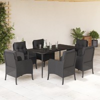  7 Piece Garden Dining Set with Cushions Black Poly Rattan