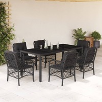  7 Piece Garden Dining Set with Cushions Black Poly Rattan