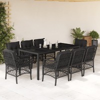  9 Piece Garden Dining Set with Cushions Black Poly Rattan