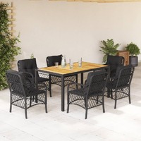  7 Piece Garden Dining Set with Cushions Black Poly Rattan