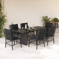  7 Piece Garden Dining Set with Cushions Black Poly Rattan