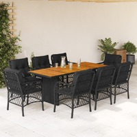  9 Piece Garden Dining Set with Cushions Black Poly Rattan