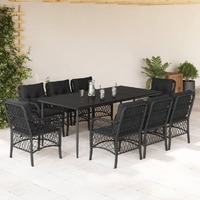  9 Piece Garden Dining Set with Cushions Black Poly Rattan