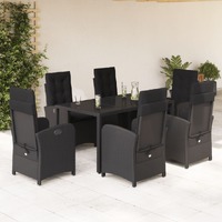  7 Piece Garden Dining Set with Cushions Black Poly Rattan