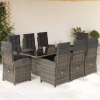  9 Piece Garden Dining Set with Cushions Grey Poly Rattan