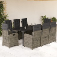  9 Piece Garden Dining Set with Cushions Grey Poly Rattan