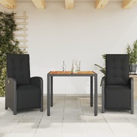  3 Piece Bistro Set with Cushions Black Poly Rattan