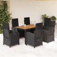  7 Piece Garden Dining Set with Cushions Black Poly Rattan