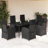  7 Piece Garden Dining Set with Cushions Black Poly Rattan