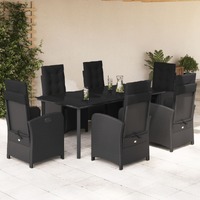  7 Piece Garden Dining Set with Cushions Black Poly Rattan