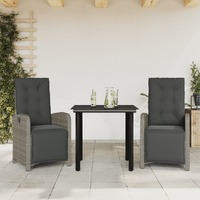 3 Piece Bistro Set with Cushions Grey Poly Rattan