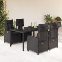 5 Piece Garden Dining Set with Cushions Black Poly Rattan