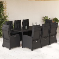  9 Piece Garden Dining Set with Cushions Black Poly Rattan