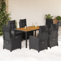  7 Piece Garden Dining Set with Cushions Black Poly Rattan