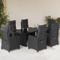 7 Piece Garden Dining Set with Cushions Black Poly Rattan