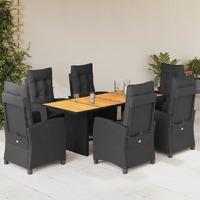  7 Piece Garden Dining Set with Cushions Black Poly Rattan