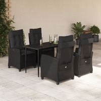  5 Piece Garden Dining Set with Cushions Black Poly Rattan