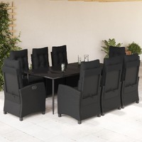  9 Piece Garden Dining Set with Cushions Black Poly Rattan