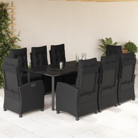  9 Piece Garden Dining Set with Cushions Black Poly Rattan