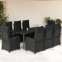  9 Piece Garden Dining Set with Cushions Black Poly Rattan