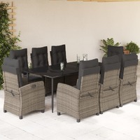  9 Piece Garden Dining Set with Cushions Grey Poly Rattan