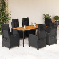  7 Piece Garden Dining Set with Cushions Black Poly Rattan