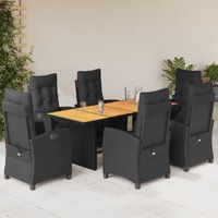  7 Piece Garden Dining Set with Cushions Black Poly Rattan