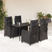  5 Piece Garden Dining Set with Cushions Black Poly Rattan