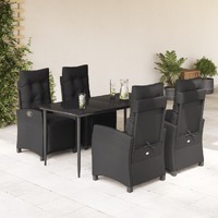  5 Piece Garden Dining Set with Cushions Black Poly Rattan
