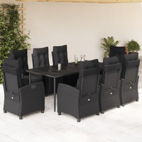  9 Piece Garden Dining Set with Cushions Black Poly Rattan