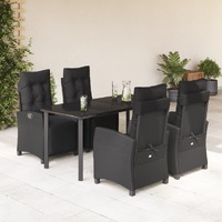  5 Piece Garden Dining Set with Cushions Black Poly Rattan