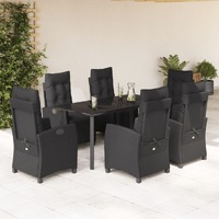  7 Piece Garden Dining Set with Cushions Black Poly Rattan