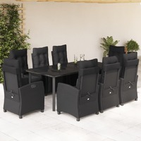  9 Piece Garden Dining Set with Cushions Black Poly Rattan