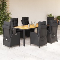  7 Piece Garden Dining Set with Cushions Black Poly Rattan