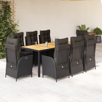  9 Piece Garden Dining Set with Cushions Black Poly Rattan