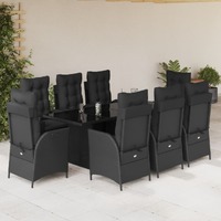  9 Piece Garden Dining Set with Cushions Black Poly Rattan