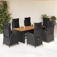  7 Piece Garden Dining Set with Cushions Black Poly Rattan