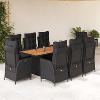  9 Piece Garden Dining Set with Cushions Black Poly Rattan