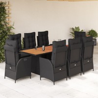 9 Piece Garden Dining Set with Cushions Black Poly Rattan