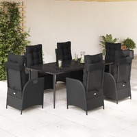  7 Piece Garden Dining Set with Cushions Black Poly Rattan