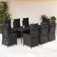  9 Piece Garden Dining Set with Cushions Black Poly Rattan