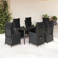  7 Piece Garden Dining Set with Cushions Black Poly Rattan
