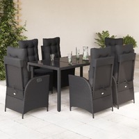  7 Piece Garden Dining Set with Cushions Black Poly Rattan