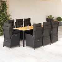  9 Piece Garden Dining Set with Cushions Black Poly Rattan