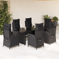  7 Piece Garden Dining Set with Cushions Black Poly Rattan